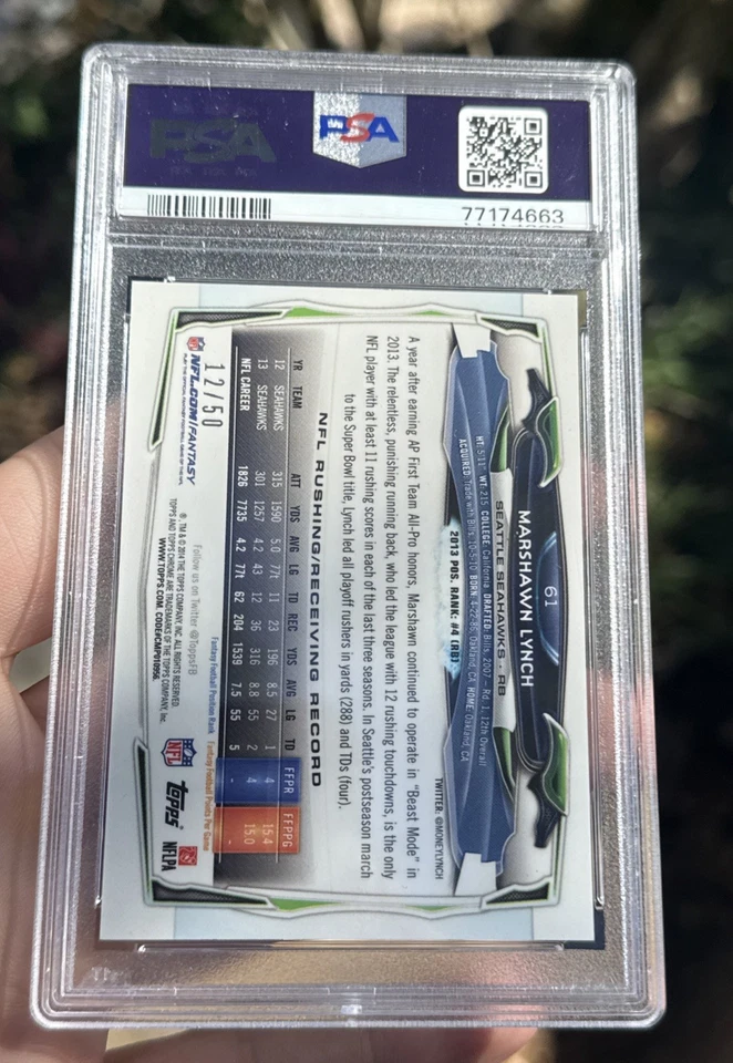 MARSHAWN LYNCH 2014 TOPPS CHROME 61 CARD GOLD REFRACTOR #/50 PSA 8 SEAHAWKS - Image 2 of 3