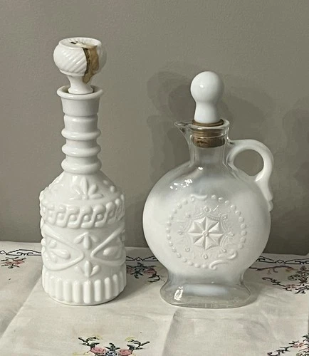 MCM 1950s Set of 2 Jim Beam Liquor Milk Glass Decanters Corked Topper Vintage