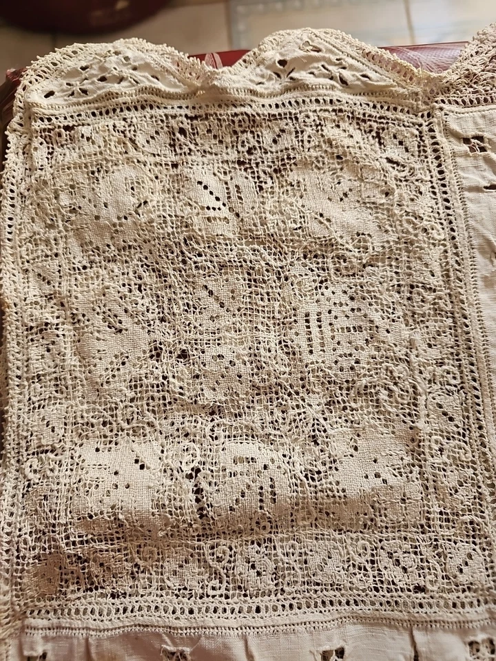 Garniture de table en lin blanc et dentelle aux fuseaux Fait Main/ Linge ancien  - Photo 4/4