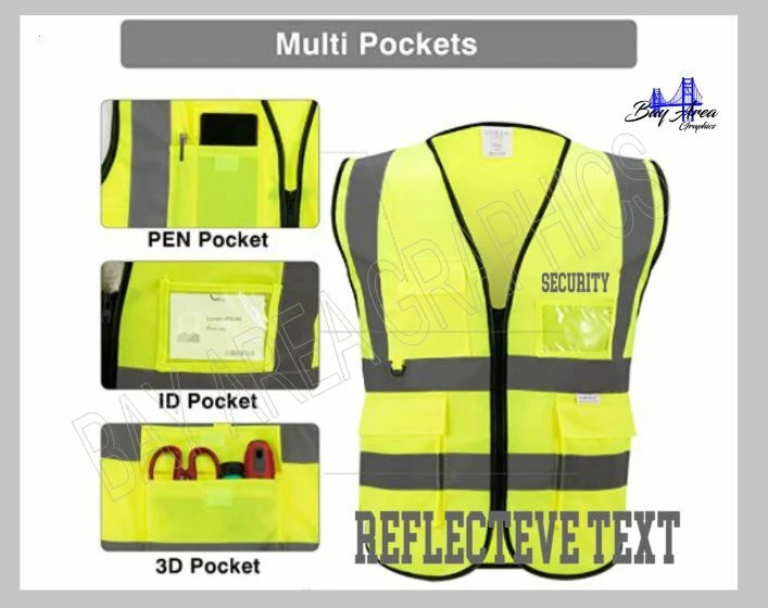 Security Safety Vest High Visibility YELLOW Reflective TEXT & Strips w/pockets  - Image 4 of 4