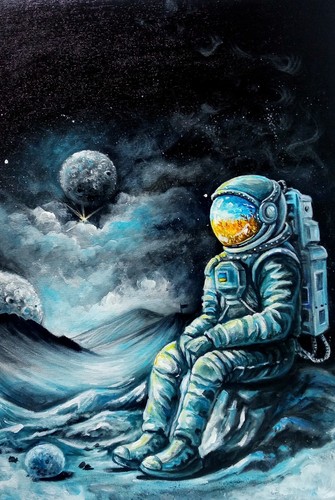 Original Acrylic Space Painting - Astronaut from Ukraine, Cosmic Ukrainian Art - Picture 6 of 11