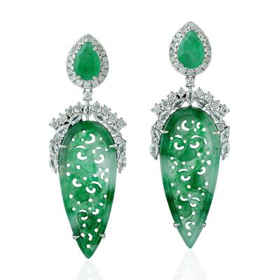 Carved Green Jade Emerald Diamond Sapphire Dangle Earrings 18k White  Gold