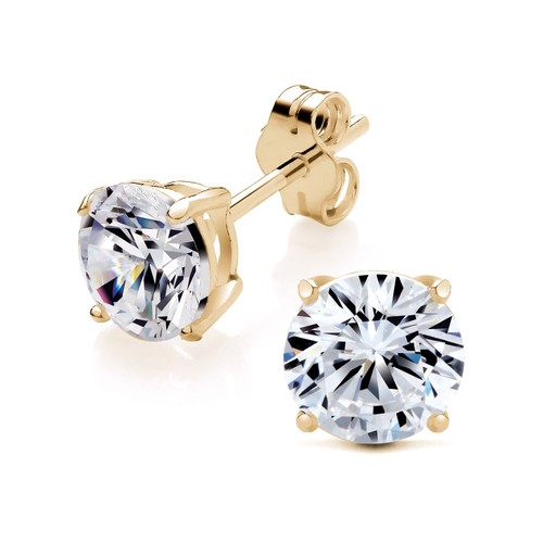 9ct Yellow Gold on Silver Simulated Diamond 6mm Round Solitaire Stud Earrings - 第 1/6 張圖片