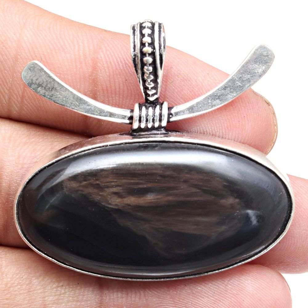Black Obsidian Pendant Necklace For Women 925 Sterling Silver Gemstone Jewelry 1.75 Inch