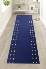 Custom Size Anti-Slip Low Profile Loop Pile MOROCCAN TRELLIS NAVY Runner Rug