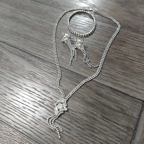 Vintage Clear Rhinestone Bracelet Designer Costume Jewelry Set Wedding Prom