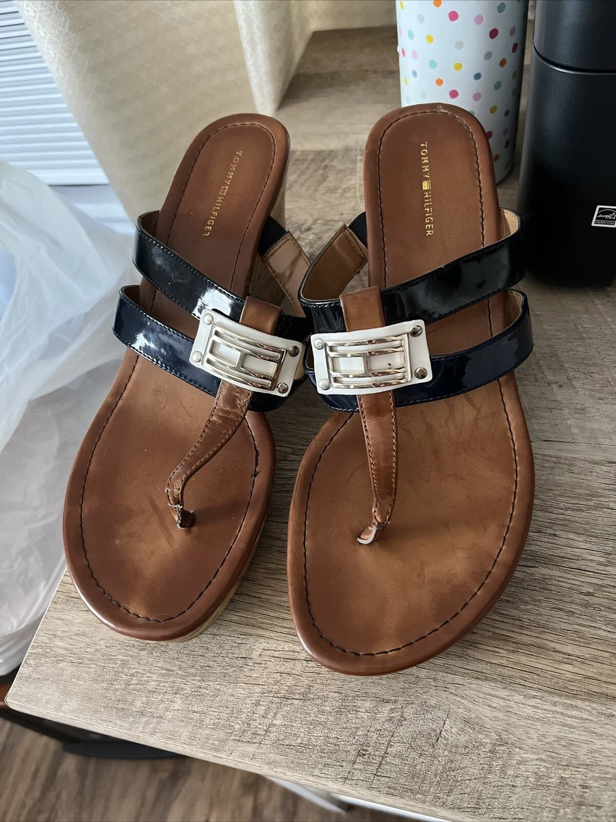 Tommy Hilfiger Cork Wedge Sandals Heels Size 10 M Navy Blue Black White