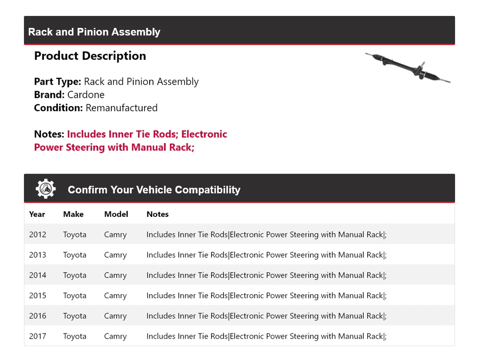 Para 2012-2017 Toyota Camry rack e pinhão conjunto Cardone 2013 2014 2015 2016 - Imagem 2 de 4