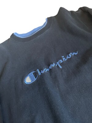 Vintage 90s Champion Reverse Weave Sweatshirt Blue On Black Large