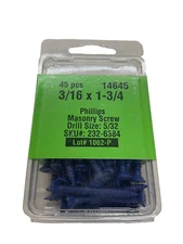 45-pcs. MIDWEST FASTENER 3/16” x 1-3/4” PHILLIPS MASONRY SCREWS #14645, TAPCON