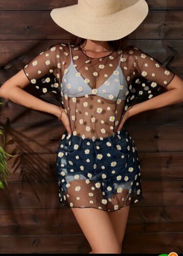 Daisy Size Medium Swimsuit Cover Up Sheer Swim dress Mesh Top
