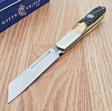 Queen Large Barlow Folding Knife Polished 1095HC Steel Blade Burnt Stag Handle