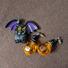 Halloween Jewelry Set: Pumpkin Earrings Hallmark Bat Pin
