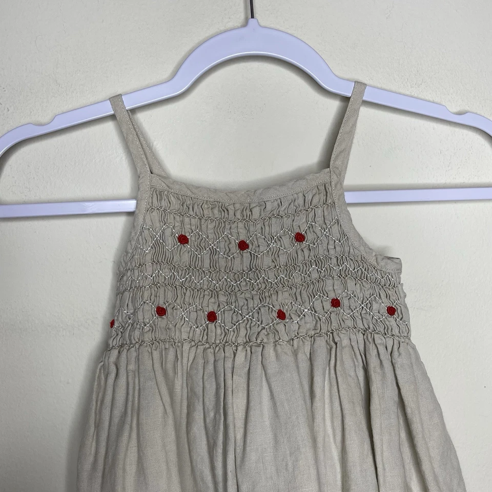 Vestido de Sol JANIE & JACK Niñas 2T Tostado 100% Lino Bordado Flor Ajuste Acampanado Lazo Foto 2 de 4