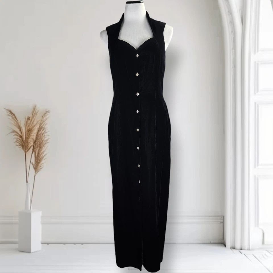 Vintage 90s Black Velvet Evening Dress 12 Backless Strap Detail Formal Gown - Image 2 of 4