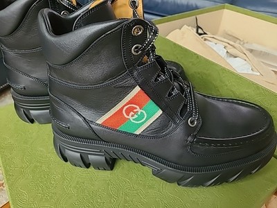 Gucci Men's Black Interlocking G Web Stripe Boots Lthr G11 US11.5 NIB Italian