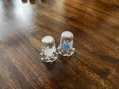 Vintage Hand Blown Clear Glass Thimble Scalloped Edges, Floral Design