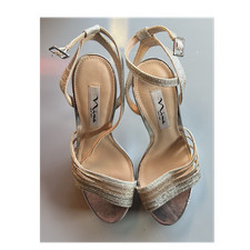 NINA Women's Silver Glitter Strappy Stiletto Open Toe Heels Size 8 M