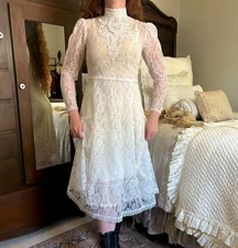 Vintage Gunne Sax White Sheer Lace Dress High Neck Victorian Jessica McClintock