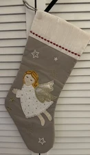 Kenzie Home Embroidered Christmas Stocking w/ Angel, Beige, 15”x21”, NWOT