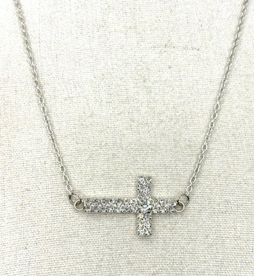 Sideways Cross Crystal Rhinestone Pendant Silver Tone Chain Necklace 21 Inch