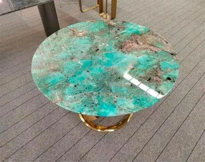 Handmade Amazonite Green Marble Coffee Table Top   Polished Crystal Slab Decor