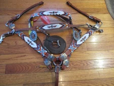 Showman Beaded Thunderbird 4 Pc Headstall, Breast Collar Wither Strap Tack Set
