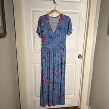 41 Hawthorn Womens M Maxi Dress Blue Floral V-Neck Short Flutter Sleeves E153