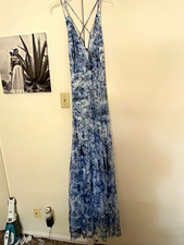 ASOS DESIGN Blue/White Floral Mesh Lined V-Neck Tie Back Maxi Dress US 10