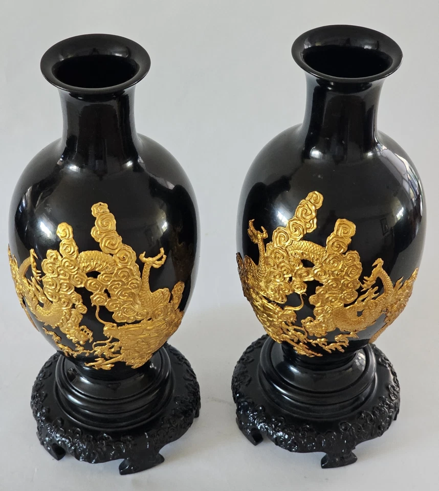 Редкие 2 китайские деревянные взбитые лакированные вазы Foochow с мотивом позолоченного дракона 12 дюймов x 6 дюймов - Изображение 3 из 4