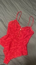 Victoria  s Secret sheer gold label 90s red lace baroque bodysuit buttons snap