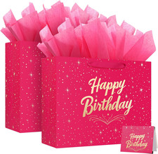 Large Happy Birthday Gift Bag with Tissue Paper and Greeting Card, 2PCS Pink Gif