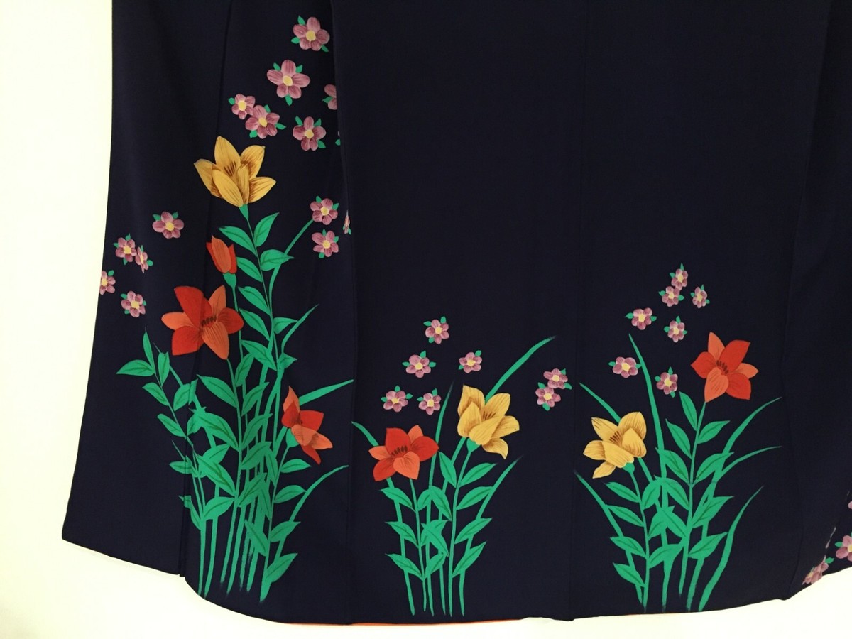 Vintage Japanese Silk Kimono, Flower, Navy Blue K1407 | eBay