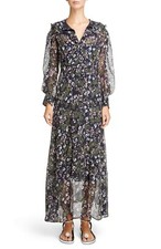 ISABEL MARANT Navy Gold Metallic Floral Print Fil Coupe Silk Maxi Dress 40  8 M