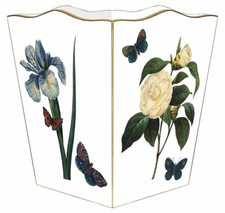 MARYE-KELLEY, 12" WHITE GARDENIAS  IRIS ON WHITE WOODEN WASTEPAPER BASKET, NEW