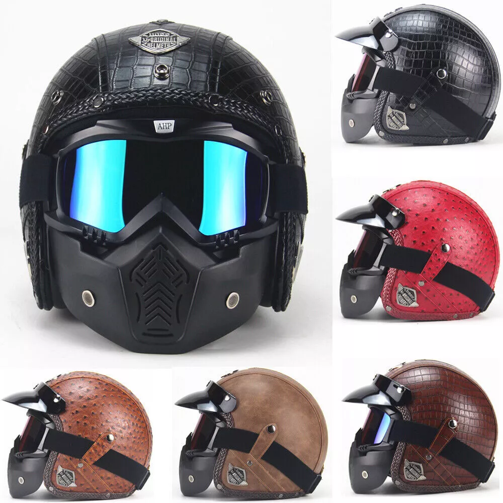 Leather Motorcycle Half Face Helmet Goggles Mask Detachable Biker Pilot DOT NEW