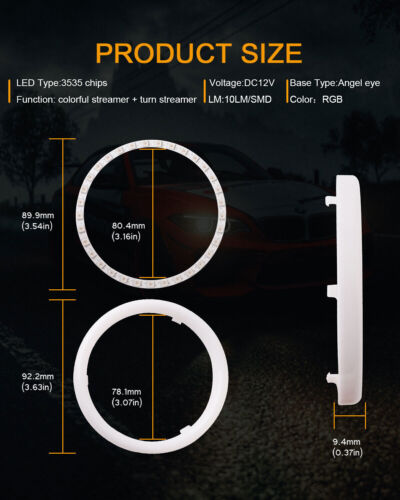 1 Pair Headlight APP WiFi RGB COB Angel Eye Halo Rings 12V 60mm - 120mm Colorful - Picture 14 of 17