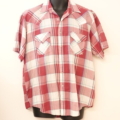 Vintage Ely Plains Burgundy Plaid Short Sleeve Pearl Snap Button Up Mens Large
