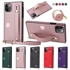Fr iPhone 15 14 12 16 17 Pro Max X 7 8 Leather Wallet Crossbody Strap Stand Case