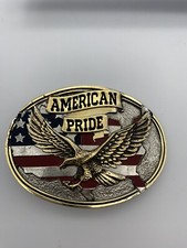 VTG Belt Buckle Patriotic American Pride Eagle Flag Silver Plated USA