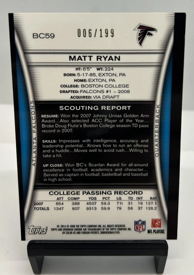 2008 MATT RYAN BOWMAN CHROME SILVER BORDER #BC59 ROOKIE RC /199 Atlanta Falcons - Image 2 of 2