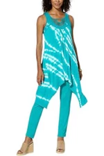 Antthony 2pc TieDye Knit Handkerchief Hem Tunic Tank&Pant Turquoise
