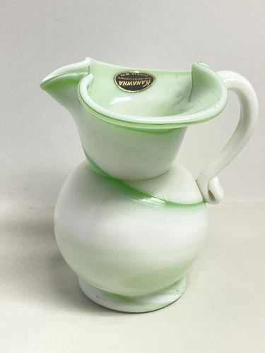 Kanawha Glass #332 Pitcher White w/ Green Swirl Slag End Of Day UV Reactive