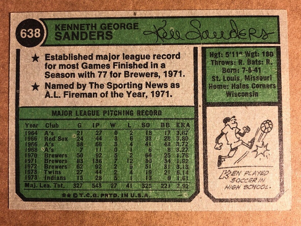 1974 Topps Card 638, Ken Sanders, MINT, (BIGJ’S), Cleveland Indians eBay