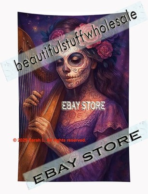 Catrina Harp Tapestry Celestial Music skull art wall print 59X82 in