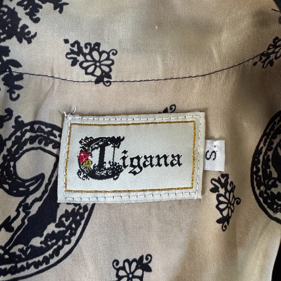 Y2K vtg CIGANA Gold Silk Paisley Print EMPIRE WAIST Dress Black OOAK Upcycled S - Image 4 of 4