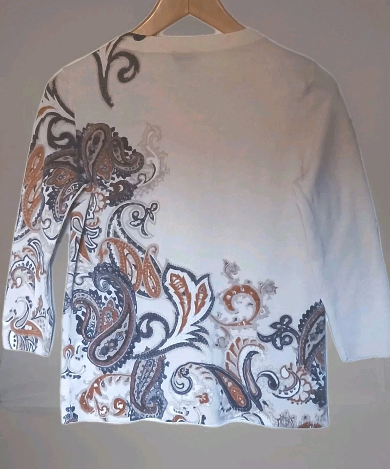 Talbots 纯美利奴羊毛毛衣中号佩斯利奶油色棕色波西米亚假日时尚 — 第 2/4 张图片