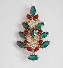 Vintage Eisenberg Ice Christmas Tree Brooch Pin Rhinestone Gold Red Green 2.75"