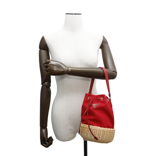 PRADA Drawstring bucket bag Canvas/Raffia Red 1BH115 - Picture 4 of 17