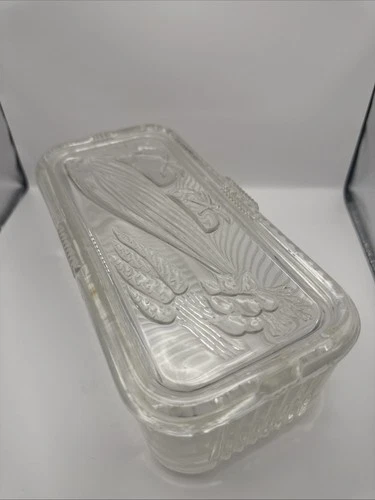 Vintage Federal Glass Refrigerator Dish 8.5x4x 3" Embossed Vegetables with Lid
